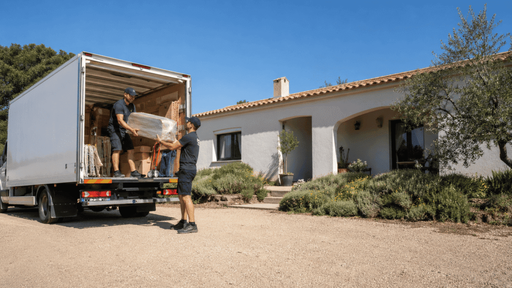 Équipe Les Bras du Débarras chargeant un meuble dans le camion lors d'un déménagement débarras dans l'Hérault